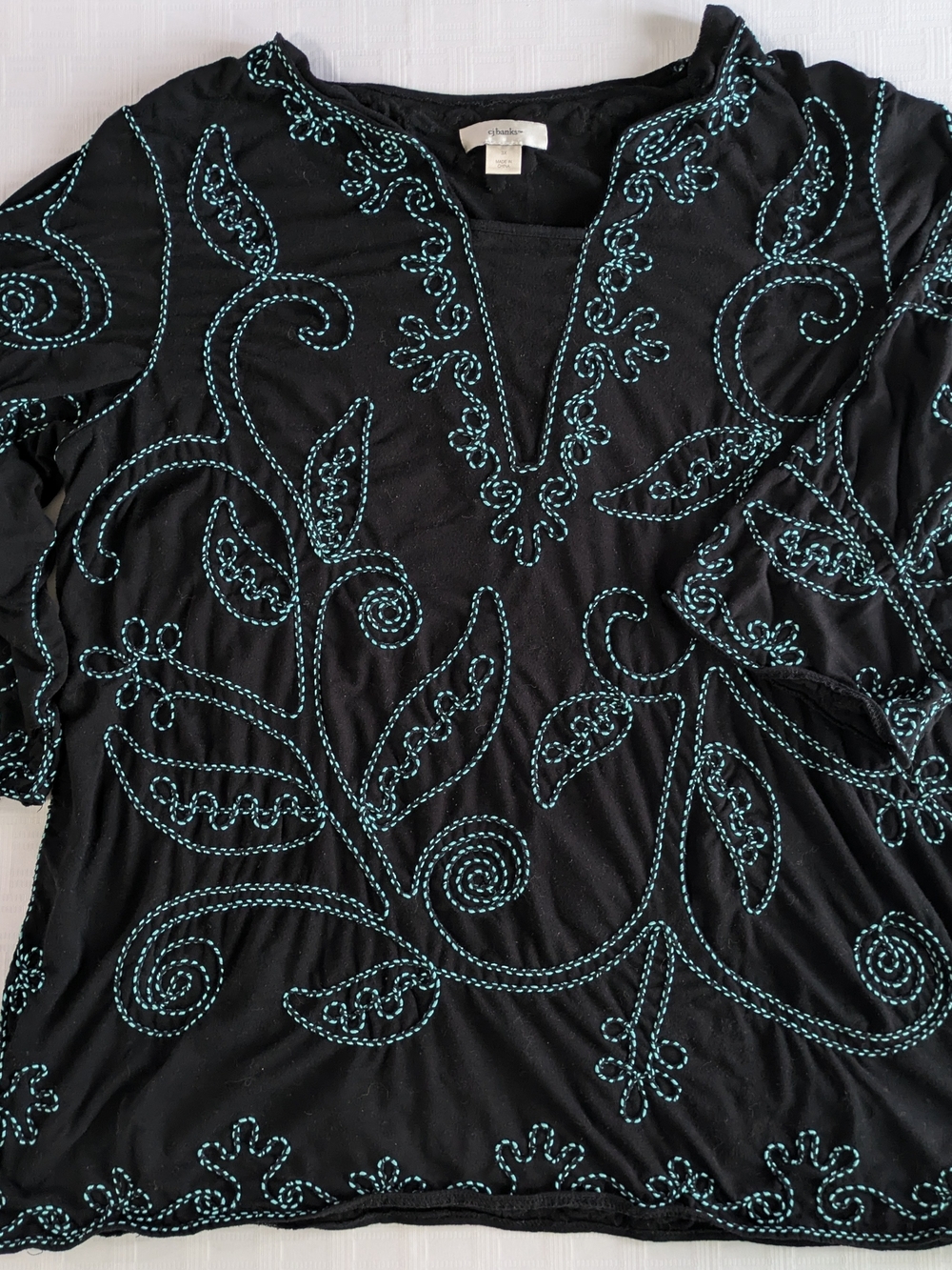 CJ Banks 3X Black Teal Embroidered Boho Split Neck Tunic